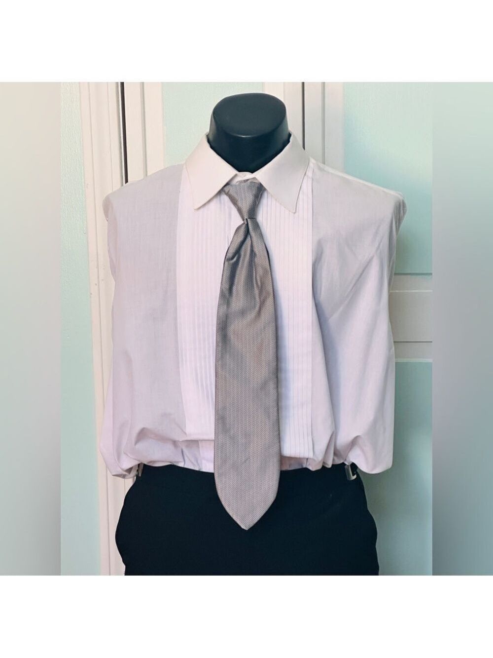 Silver Chrome Steel Tie Wedding Prom Tuxedo Herringbone Pre Tied clip
